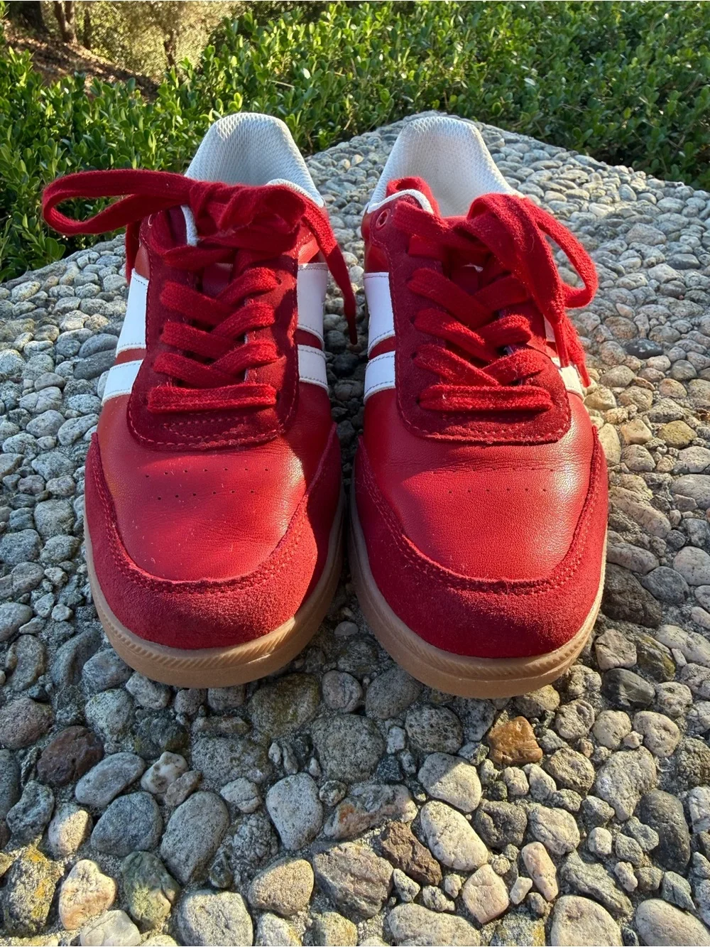 Women Red Athletic Sneakers with White Stripe